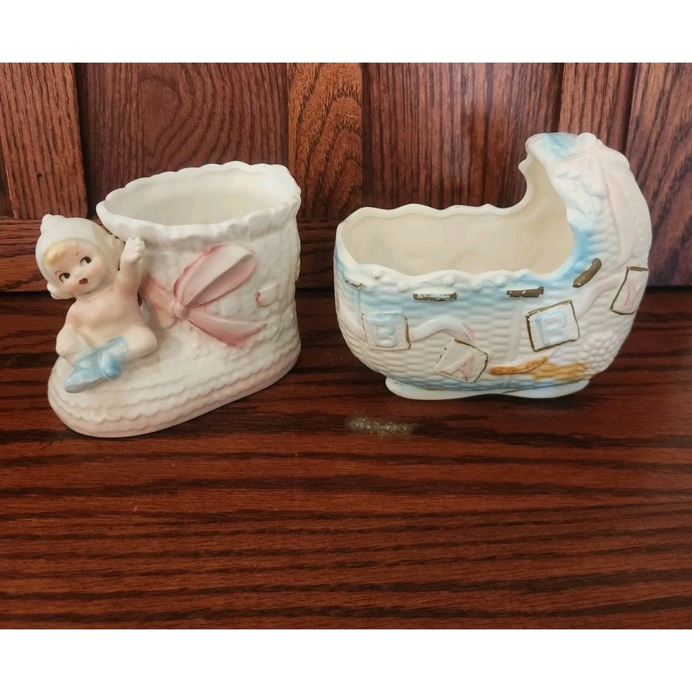 Vintage Inarco Baby Boy Astronaut sitting on Baby Bootie And‎ Napco Bassinet